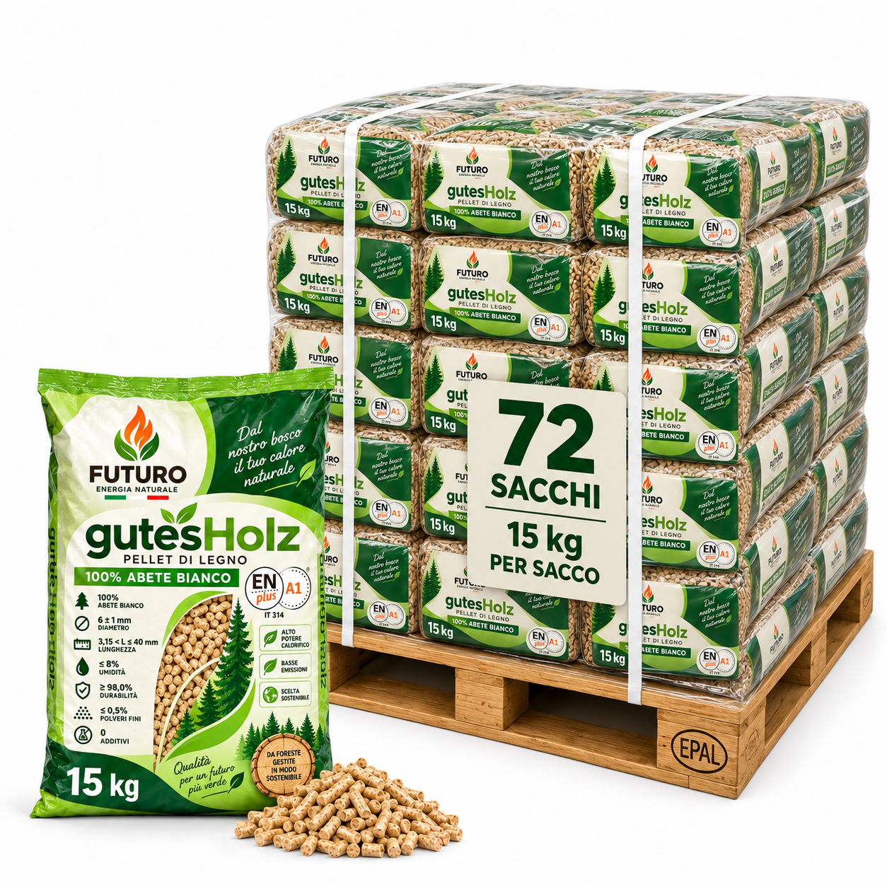230 Pellet Futuro gutesHolz 100% abete bianco – Bancale 72 Sacchi da 15 kg - immagine 1